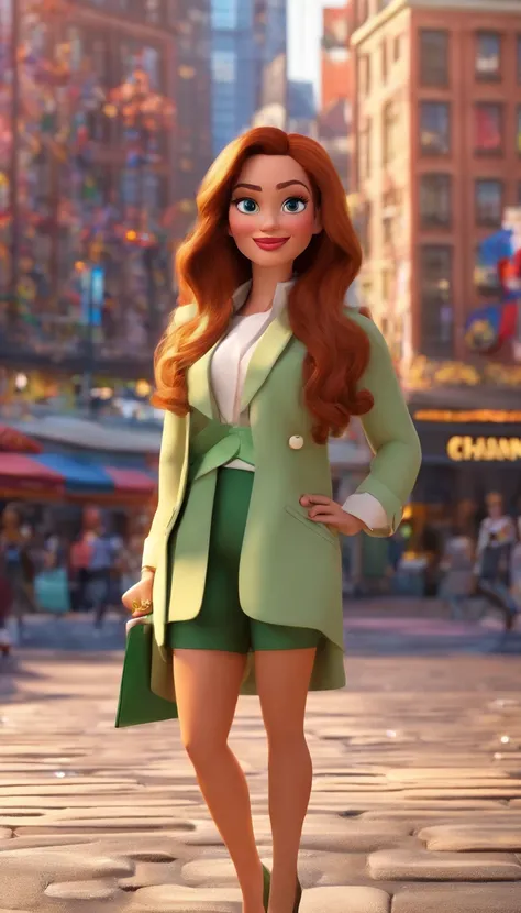 Create a Disney PIXAR-style 3D poster with a movie theme titled Me, You and Her in New York . No centro da imagem 3 mulheres gargalhando, a medium-sized woman, pele branca, olhos castanhos claros , Face with fine features, cabelos cacheados loiro volumoso,...