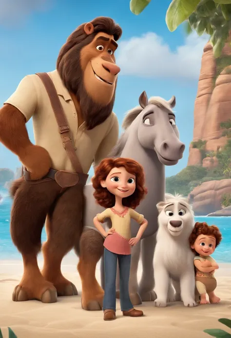 a Disney Pixar movie poster showing a white-skinned family. The father is the tallest, sem barba, cabelos curtos e espinhosos. The mother has brown eyes and hair, shoulder-length and is slightly overweight. A menina tem 6 anos e cabelos castanhos enrolados...