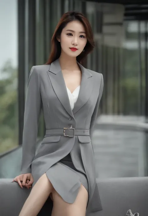 filmposter，Sony SLR lens，Master masterpieces，high-definition quality，A Chinese female model in a gray dress，While wearing a white Business suits，posed for photo, Transparent gray dress, pretty face with arms and legs, tight attire, very beautiful long slim...