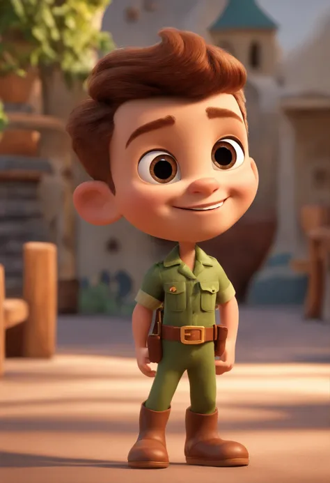 A Disney-Pixar style 3D movie poster cartoon character of a 3-year-old boy, pele escura, cabelos castanhos com corte militar curtos e encaracolados, olhos castanhos brilhantes, vestindo uma fantasia do personagem homem aranha. Charming and genuine smile. I...