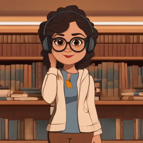 Id like a 4K 3D animation in the style of Disney Pixar. The character is a chubby 22-year-old woman with black hair, curly and shoulder-length. eyes are dark brown. The characters body is fat, com seios grandes. She wears clear square glasses. The mouth is...