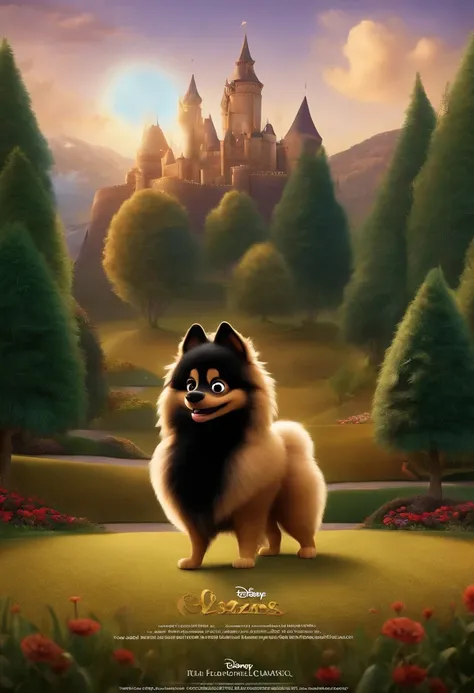 Animated poster for the Disney Pixar film of a small German spitz with black-colored fur and a mustache coloured in dark caramel, e com cabelos cor de preto, grandes olhos negros, muito peludo!