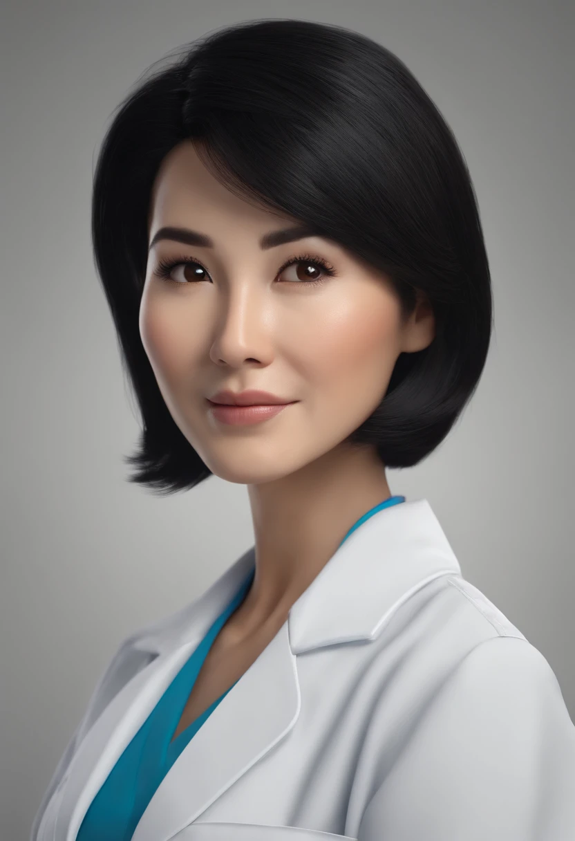 Japanese veterinarian woman with short black hair, wearing a doctors lab coat, , fundo branco, barnet, Tom, Estilo Pixar, ....3d, desenhos animados, rosto detalhado, asymmetrical 16k