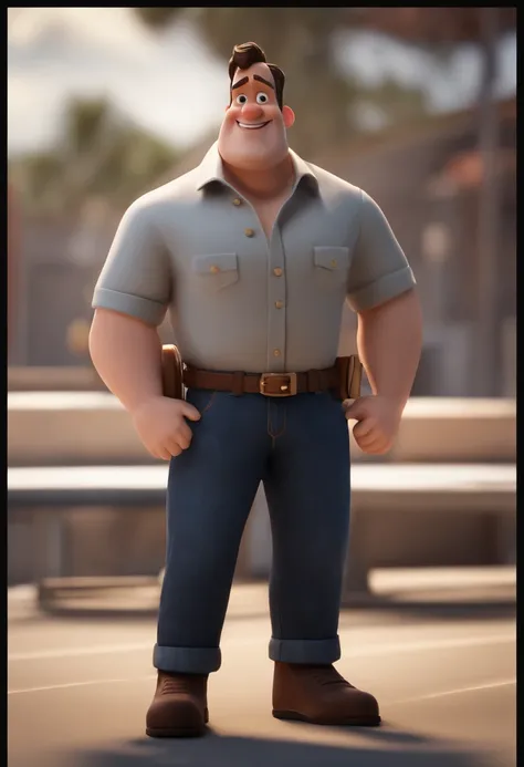 personagem dos desenhos animados de um homem moreno gordinho bochechudo com camisa jeans e camisa preta aberta, With a Bible in his right hand, animation character, Caractere estilizado, animation style rendering, 3D estilizado, Arnold Maya render, 3 d ren...