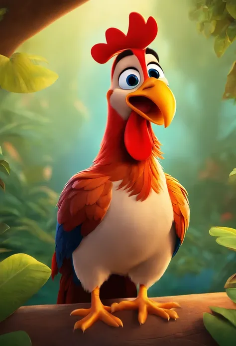 crie um personagem de um frango estilo Disney Pixar, feliz