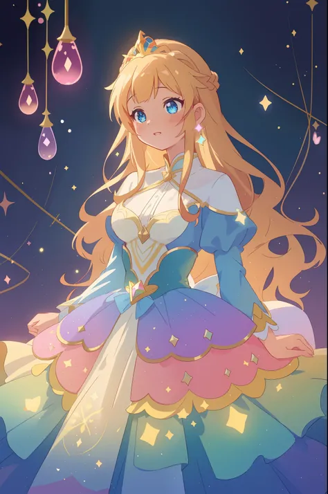 beautiful anime girl, princess, colorful fantasy princess layered ballgown, colorful rainbow layered ballgown dress, fantasia background, sparkling lights, sparkling ballgown, twinkling lights, magical, soft pastel colors, (masterpiece), best quality, shar...