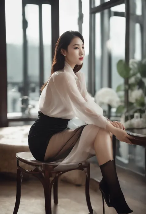 Sitting in a chair in a black dress，Korean female fashion model，transparent gray skirts，mesh shirt，Chrome clothes，Shiny silver，Luckily I showed up，Bigchest，Lingerie transparent,white skinned,black garter stockings,Overweight,thighs thighs thighs thighs,big...