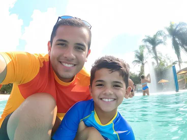 there is a man and a boy who are in the water, divertindo-se, Assumido em Go Pro Hero8, holiday photography, Tiro em GoPro9, Torne-se profissional, caio santos, Jogar na piscina, with a kid, Tiro com iPhone 1 0, Dan dos Santos, swimming, Selfie, fotografia...