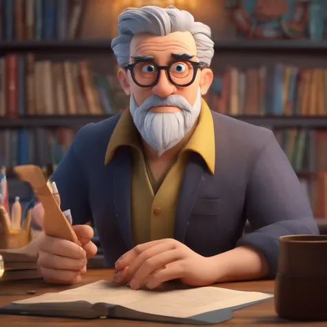 Crie um cartaz inspirado na Disney Pixar com o personagem sendo o pastor Rubens Janier, A gray-haired man wearing glasses, in an office with a Bible on the table, Looking forward and serious