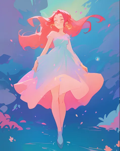 beautiful girl, gradient blue pink and purple dress, flowing pink red hair, otherworldly purples blues and greens landscape background, watercolor illustration, disney art style, glowing aura around her, flowing glowing hair, glowing flowing hair, fantasia...