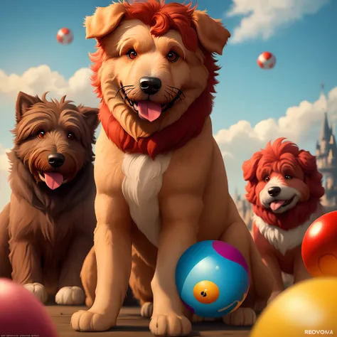 a disney pixar inspired movie poster with the title “Big Red” in the image a reddish fluffy golden doodle with a red ball in his mouth