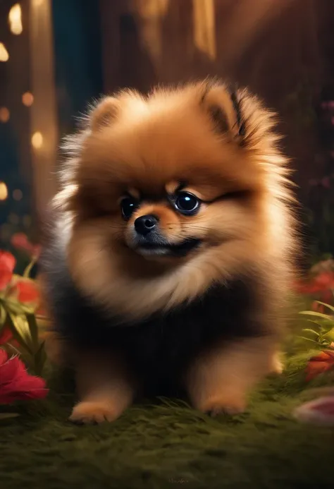 Animated poster for the Disney Pixar movie of a small German Pomeranian spitz with black fur. Com muito pelo e cor preta.