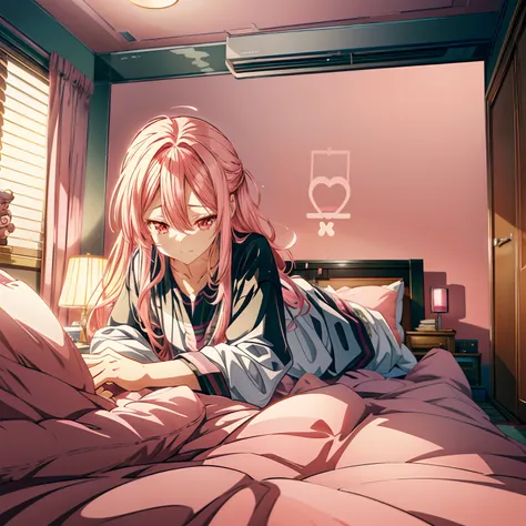 there is a bed with a pink comforter and a computer on it, background art, anime background, personal room background, anime scenery, rpg maker style bedroom, relaxing environment, anime art wallpaper 4k, anime art wallpaper 4 k, detailed scenery —width 67...