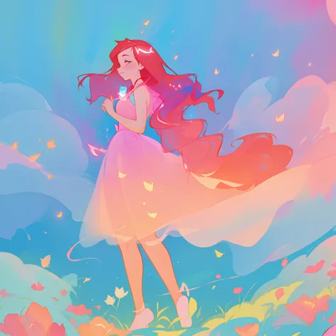 beautiful girl in flowing pink ballgown, long flowing red hair, colorful fantasia background, watercolor illustration, inspired by Glen Keane, inspired by Lois van Baarle, disney art style, by Lois van Baarle, glowing aura around her, by Glen Keane, jen ba...