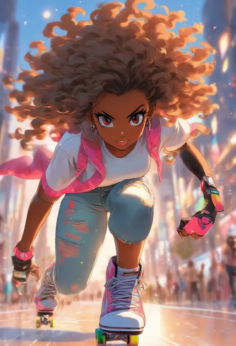 (highres,ultra-detailed,realistic:1.2),A black woman with long curly hair, full lips, and a wide hip. She is wearing a white t-shirt and jeans. She is skating with rollerblades.