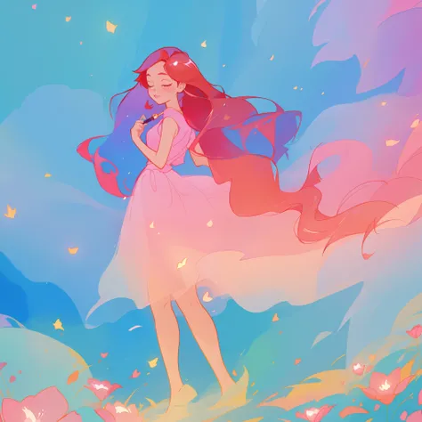 beautiful girl in flowing pink ballgown, long flowing red hair, colorful fantasia background, watercolor illustration, inspired by Glen Keane, inspired by Lois van Baarle, disney art style, by Lois van Baarle, glowing aura around her, by Glen Keane, jen ba...