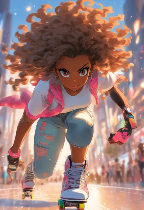 (highres,ultra-detailed,realistic:1.2),A black woman with long curly hair, full lips, and a wide hip. She is wearing a white t-shirt and jeans. She is skating with rollerblades.