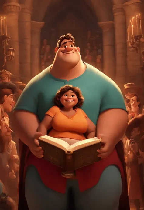 criar imagem da pixar de homem obeso, sorridente, com sobrancelha grossa, Holding a Bible in one hand, falando numa igreja