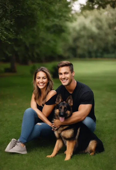 Pixar. Couple with two German Shepherd puppy. A menina tem os cabelos loiros amarrados, Camiseta cinza e jeans claro. O menino de cabelos pretos com cabelos de coque tipo samurai, Dark blue jeans and black t-shirt. They are both smiling and are 30 years ol...