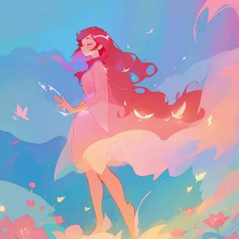 beautiful girl in flowing pink ballgown, long flowing red hair, colorful fantasia background, watercolor illustration, inspired by Glen Keane, inspired by Lois van Baarle, disney art style, by Lois van Baarle, glowing aura around her, by Glen Keane, jen ba...