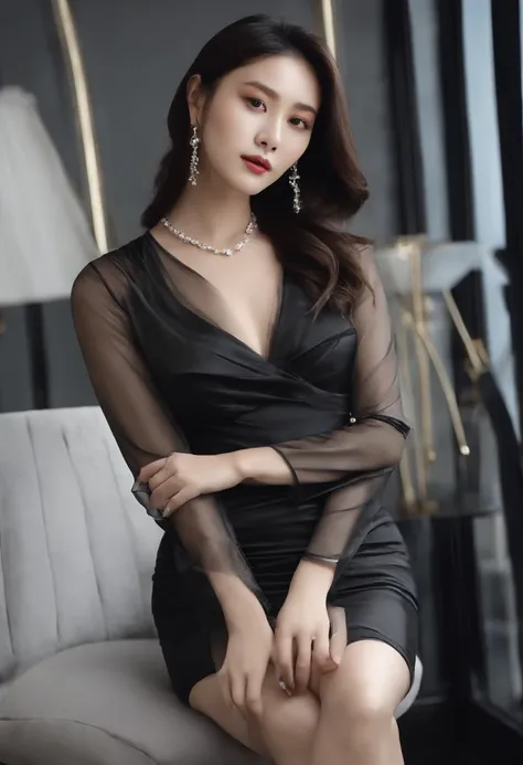 Sitting in a chair in a black dress，Korean female fashion model，transparent gray skirts，mesh shirt，Chrome clothes，Shiny silver，Luckily I showed up，Bigchest，best qualtiy，White pedicure， tmasterpiece， 超高分辨率， realisticlying，