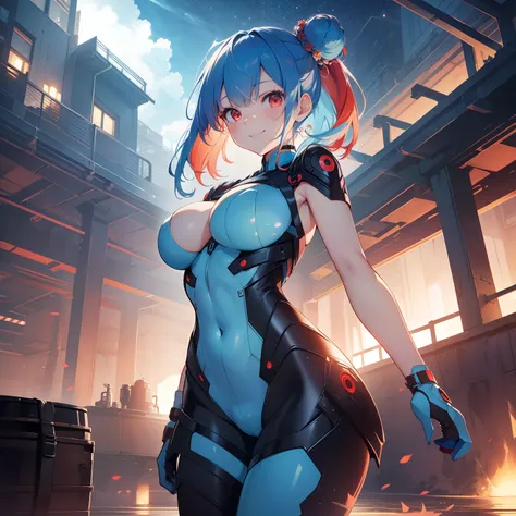 (masutepiece,Best Quality,8K),(extremely detailed CG1.1),1 girl,Smile,large boob,factories,nighttime scene,(From below:1.2),Summer light,Intricate details , Hyper realistic, Perfect Anatomy,Red Eyes,Bun,(((lightblue hair))),Bangs,hair slicked back,Full bod...