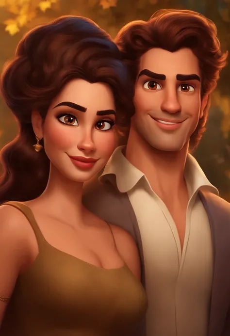 There are two brown-eyed people who are posing for a photo together, o homem tem cabelo castanho claro, a mulher tem cabelo crespo cacheado e usa batom vermelho, in high definition and Disney pixar cartoon style