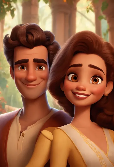 There are two brown-eyed people who are posing for a photo together, o homem tem cabelo castanho claro, a mulher tem cabelo crespo cacheado e usa batom vermelho, in high definition and Disney pixar cartoon style