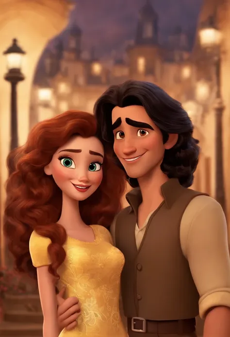 There are two brown-eyed people who are posing for a photo together, o homem tem cabelo castanho claro, a mulher tem cabelo crespo cacheado e usa batom vermelho, in high definition and Disney pixar cartoon style