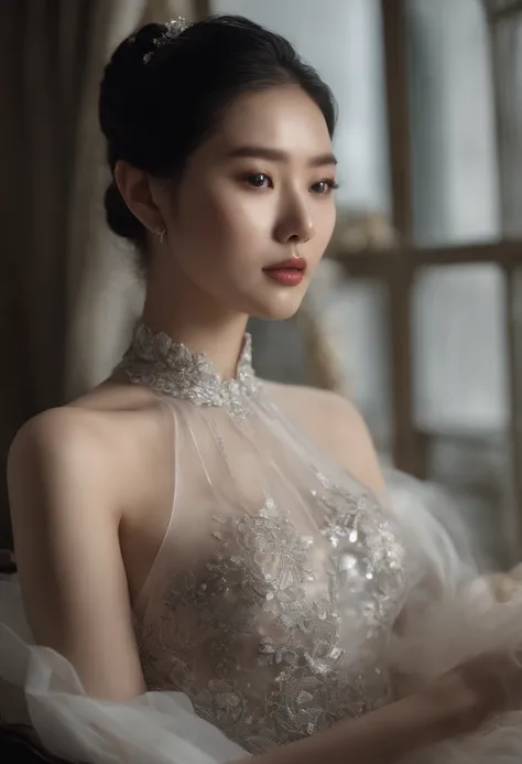 Sitting in a chair in a black dress，Korean female fashion model，How to wear a dress with a dark transparent halterneck break、Decorated with intricate patterns and pastel colors、transparent materials，Makes skin shiny、The art depicts the dresses of seductive...