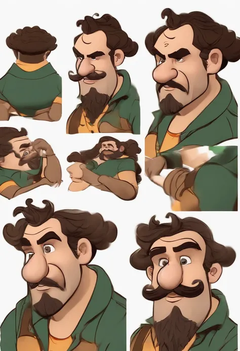 Cartoon character of a black pot-bellied man with curly hair just on top of his head, Moustache and beard only on the chin, usando brinco de argola pequeno na orelha direita, shorts pretos e uma camiseta vermelha , um personagem animado, Caractere estiliza...