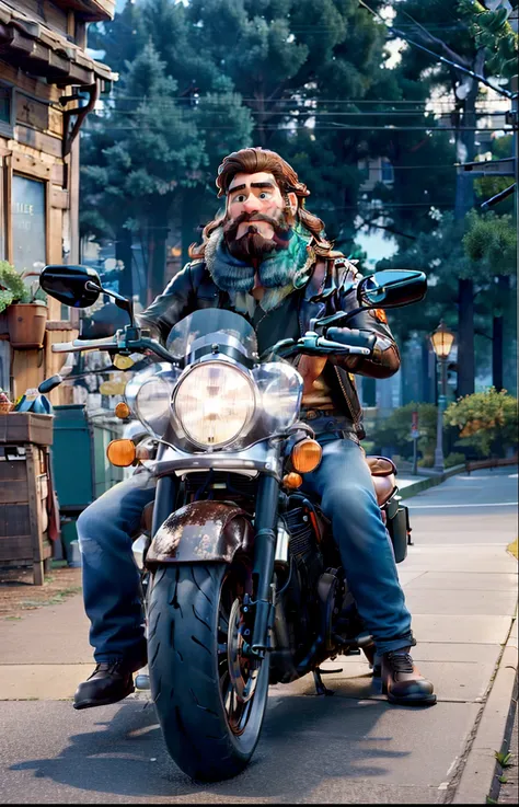 (best quality,highres,masterpiece:1.2),a bearded man with long brown hair,wearing a black leather jacket and jeans,sitting on a motorcycle