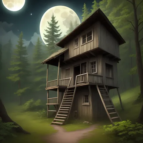 Climbing the wooden ladder and holding the moon in the dark forest and abandoned hut