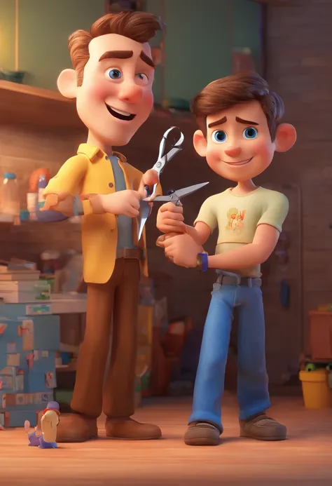 Estilo Pixar: The grown man is holding a naked blue-eyed boy and in his other hand he is holding a pair of scissors and is trying to cut off the boys testicles,3D Poster,Disney