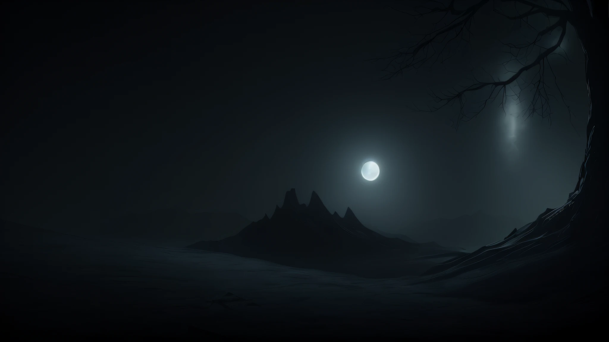 there is a dark picture of a mountain with a full moon, barren moon landscape, dark night environment, beautiful dark landscape, dark fantasy landscape, moon landscape, moonlit night dreamy atmosphere, dark fantasy background, moonlight in the darkness, da...