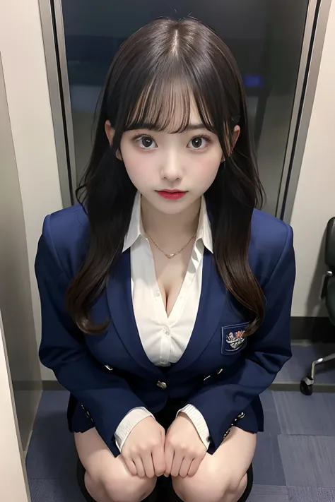 Colossal tits、g-cup、22year old、Height 145 cm、Wearing a navy suit、Wearing a navy miniskirt、Squatting in a big empty office、Watching from above