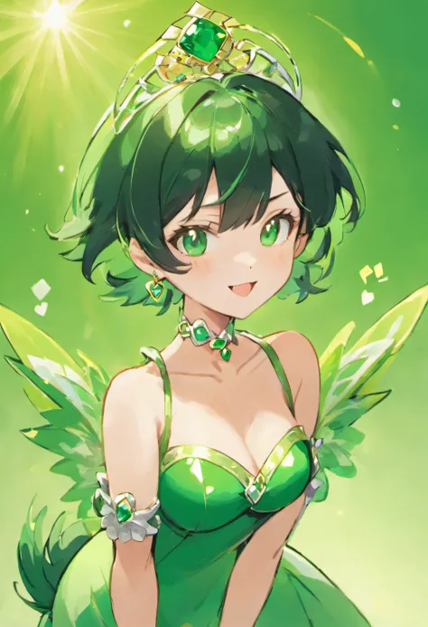 emerald tiara, Green Pearl Necklace, Boyish very short black hair, lipsticks, Japan woman smiling, very short short hair, big breasts beautiful, Green eyes, Long green gloves made of satin material, Green eyes, Emerald Earrings, Green eyes, Green dress, Gr...