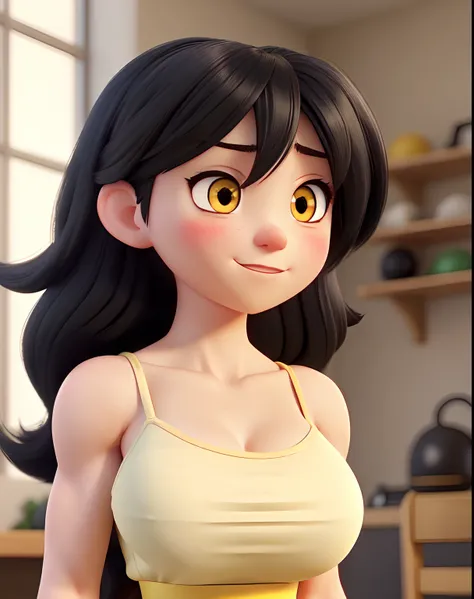 ((muscular)) girl black hair yellow eyes pale skin solo embarrassed (blushing) flustered bashful huge breasts very long hair