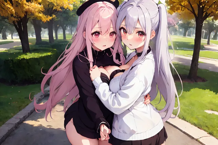 a park with a lot of greenary,fluffy hair,white  hair,Purple and white and brown and pink,Autumn outfit,Lower body exposed,Sticking out the buttocks,Raise your butt high and block, insertion ,Aofumi,A large amount of white liquid overflows from the crotch,...