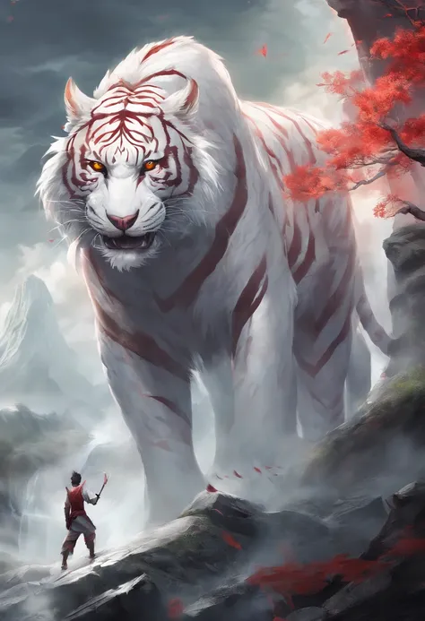 China-style，Chinese mythology，the white tiger，tosen，Fierce，gargantuan，Very long canine teeth, The eyes glow red，glowing effect，High hills，Cloud fog，is in night，中景 the scene is，Whole body as， highly detailed surreal vfx，OC Render， - AR 16:9 --q 2 --s 1000