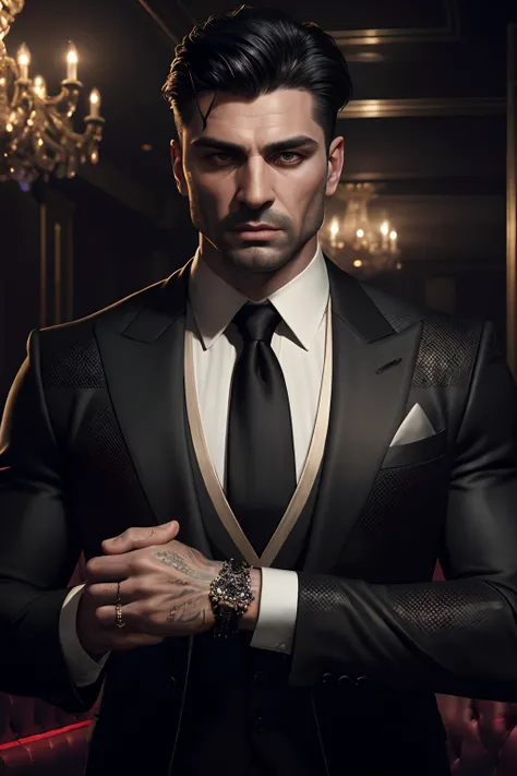 realistic (muscular man:1.1) mob boss, wearing intricate black elegant suite, portrait, short hair, jewelry, in a nightclub, spot lighting the scene, detailed background, intricate details, (illustration), masterpiece, high resolution, best quality.