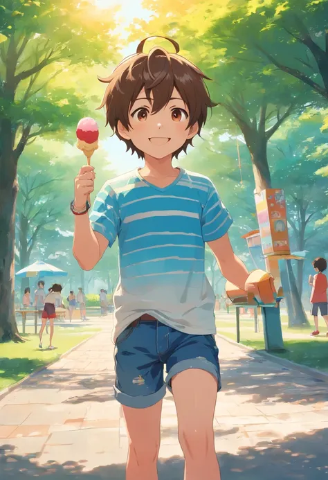 um garoto de aproximadamente 8 anos, with messy brown hair and prying eyes. Hes wearing a blue and white striped T-shirt, Distressed denim shorts and a pair of shabby red sneakers. He holds a blue helium balloon in one hand and a mischievous smile on his f...