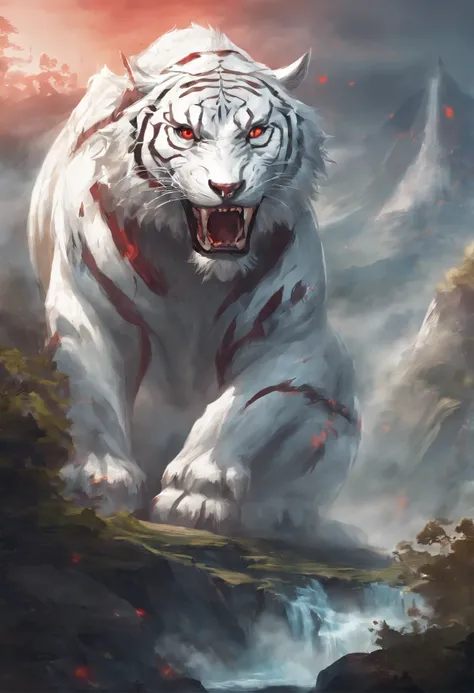 China-style，Chinese mythology，the white tiger，tosen，Fierce，gargantuan，Very long canine teeth, The eyes glow red，glowing effect，High hills，Cloud fog，is in night，中景 the scene is，Whole body as， highly detailed surreal vfx，OC Render， - AR 16:9 --q 2 --s 1000