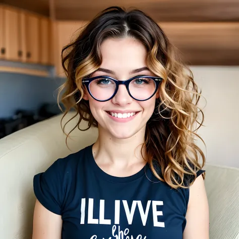 Mulher cabelo cacheado, Wavy up to the shoulder, castanho escuro. 
Estilo pixar, olhos castanhos , round glasses, Navy blue t-shirt with the words "love exists" in the middle.
she is happy, She is a childrens photographer