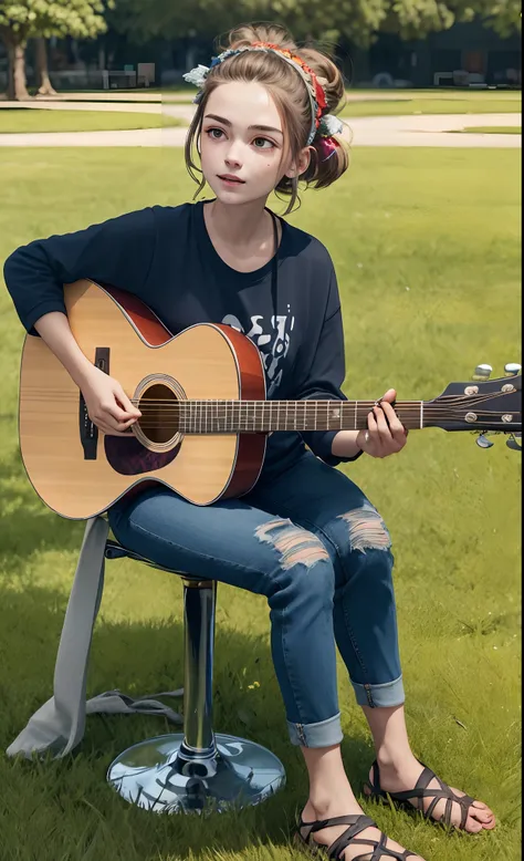 pixar immagem of an 18-year-old music woman 
sitting on the grass playing the guitar 
with a cap in her hair, cabelo preso