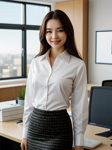 pixarstyle a waist-length portrait of a young woman in a office shirt, smile, office, natural skin texture, 4k textures, hdr, intricate, highly detailed, sharp focus, cinematic look, hyperdetailed