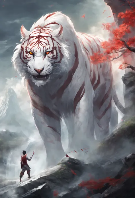 China-style，Chinese mythology，the white tiger，tosen，Fierce，gargantuan，Very long canine teeth, The eyes glow red，glowing effect，High hills，Cloud fog，is in night，中景 the scene is，Whole body as， highly detailed surreal vfx，OC Render， - AR 16:9 --q 2 --s 1000