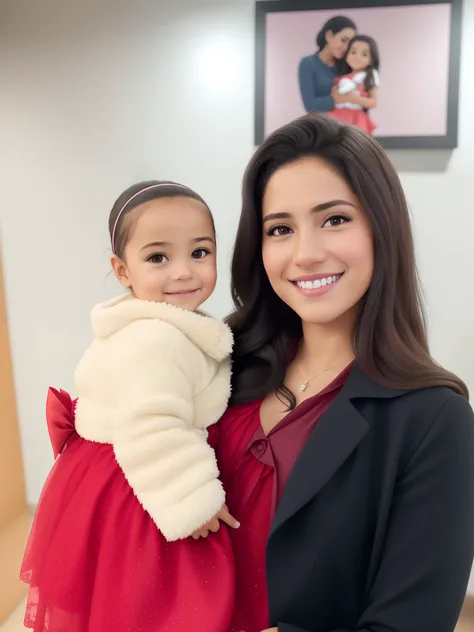 Smiling woman holding a baby in a red dress and black jacket, Valentina Embaralhamento, Kailee Mandel, Estefania Villegas Burgos, Directed by: Emma Andijewska, imagem profissional, In the background, fernanda suarez, imagem de alta qualidade, by Amelia Pel...