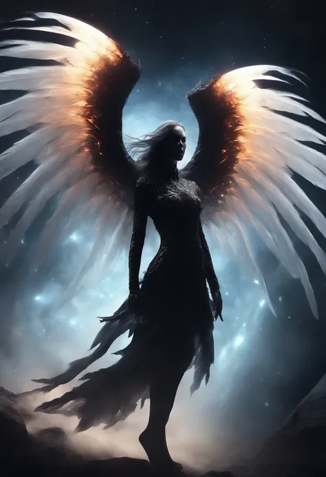 Female comsic creature, glowing light white eyes, eerie, Creepy, nightmarish, demonic broken wings, black silhouette, emitting dark energy, floating in outer space, full-body, Mshiff, wallpaper art, UHD wallpaper