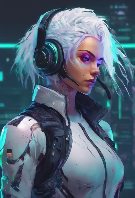 1 male, white hair, male with female features , netrunner